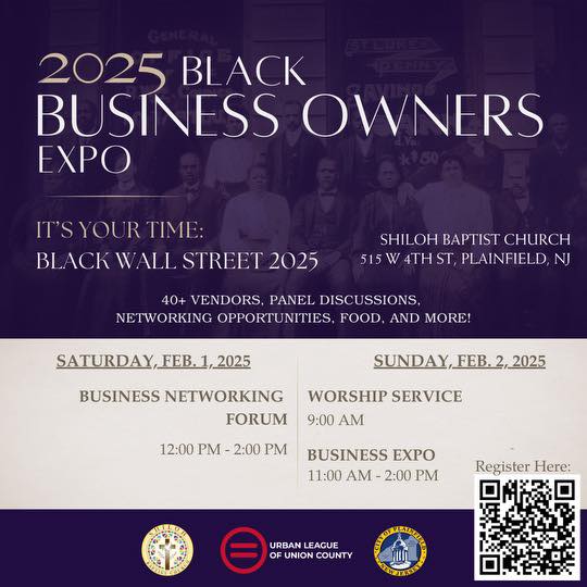 Flyer for the 2025 Black Business Owners Expo on February 1-2 at Shiloh Baptist Church, Plainfield, NJ, featuring event details and registration link.