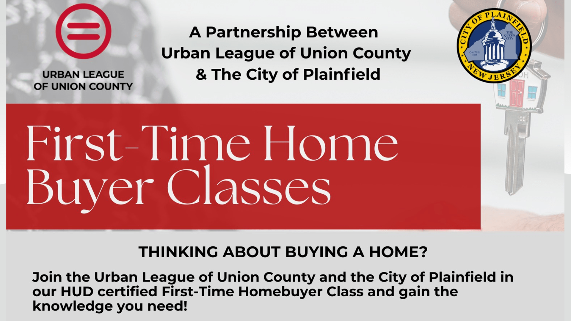 First-Time Homebuyer Classes partnership between Urban League of Union County and City of Plainfield promoting HUD-certified education