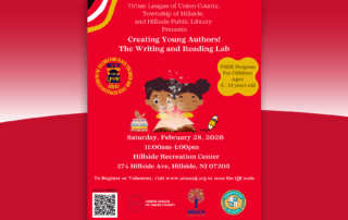 Flyer for Creating Young Authors Writing and Reading Lab hosted by Urban League of Union County in Hillside NJ February 28 2026