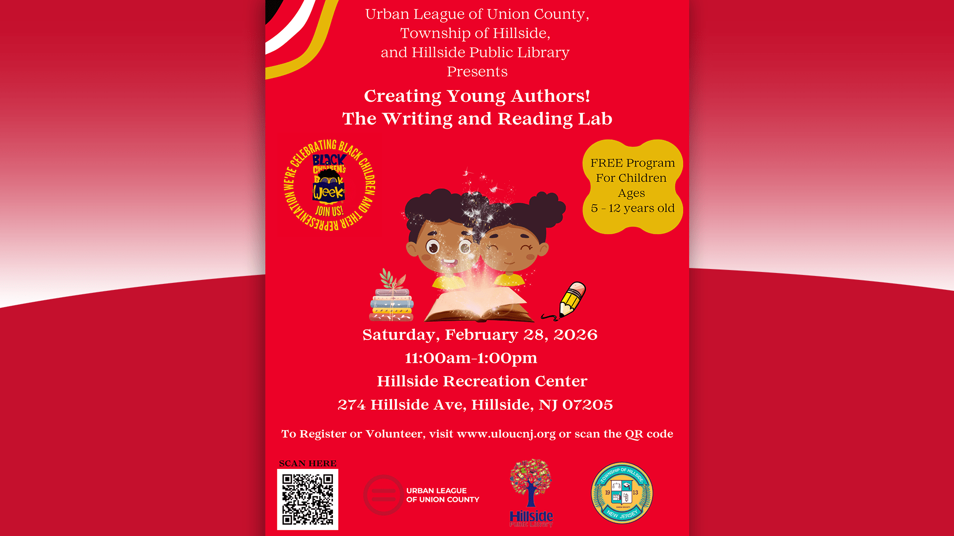 Flyer for Creating Young Authors Writing and Reading Lab hosted by Urban League of Union County in Hillside NJ February 28 2026