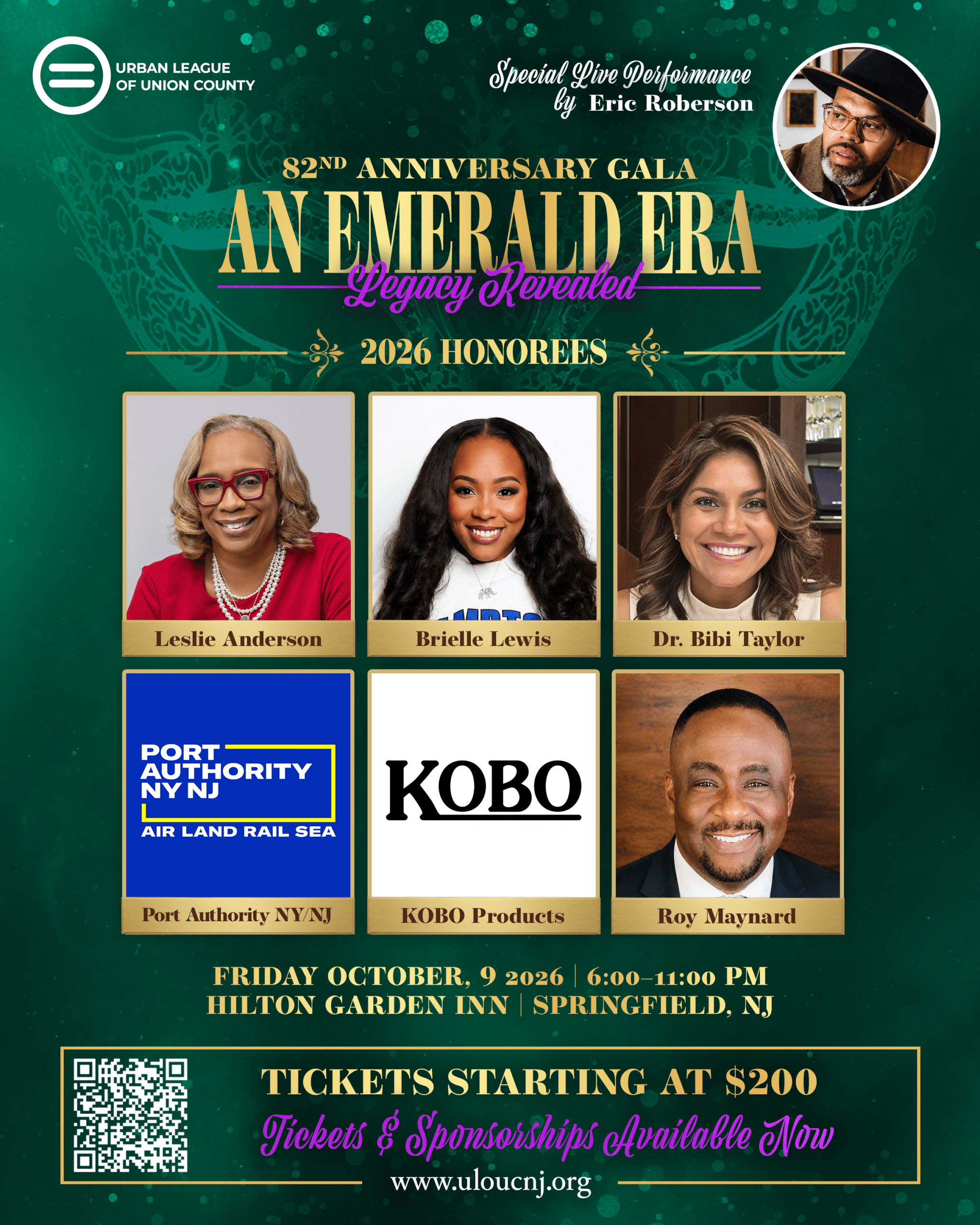 Urban League of Union County 82nd Anniversary Gala An Emerald Era: Legacy Revealed on October 9, 2026, featuring 2026 honorees and Eric Roberson.