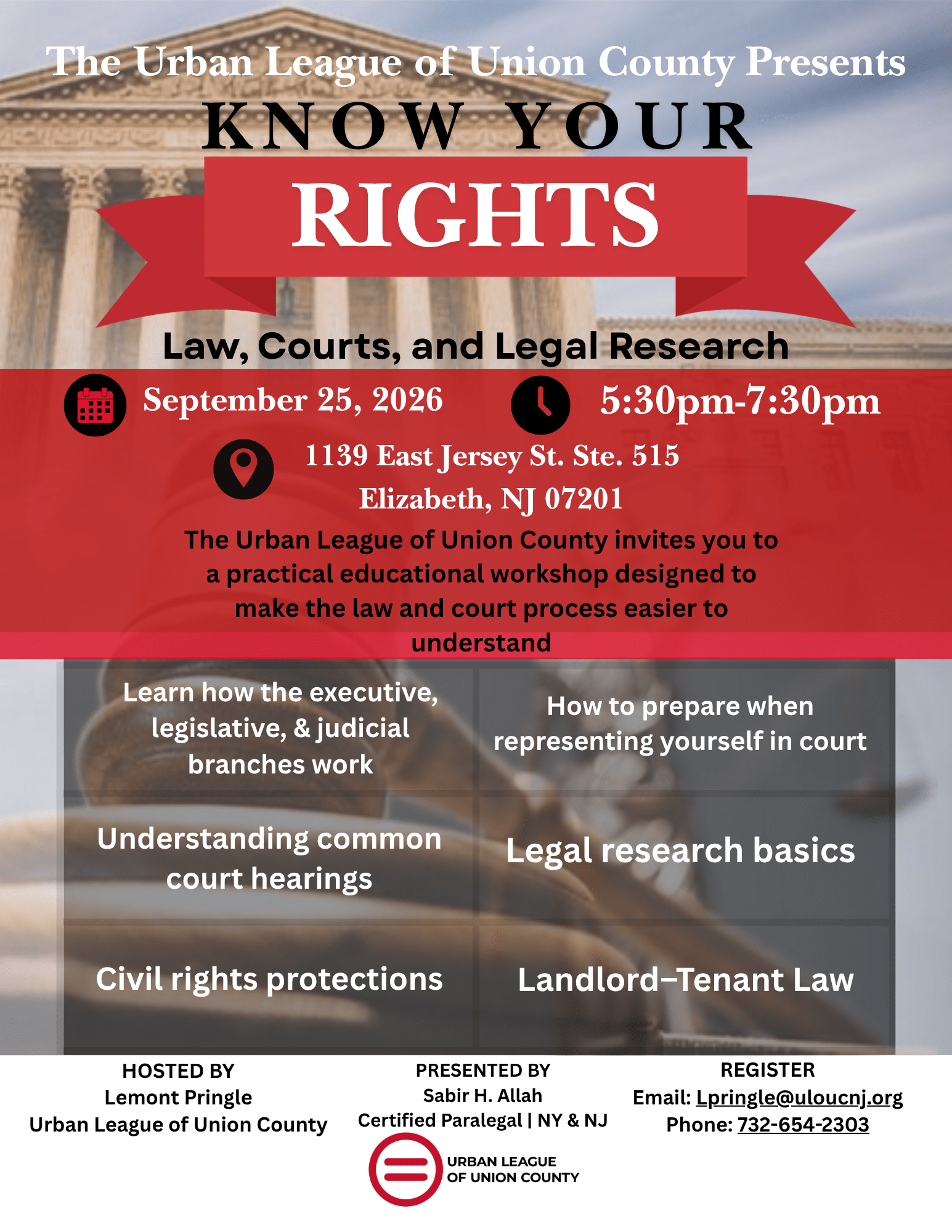 Know Your Rights law, courts, and legal research workshop presented by the Urban League of Union County in Elizabeth, NJ on September 25, 2026.